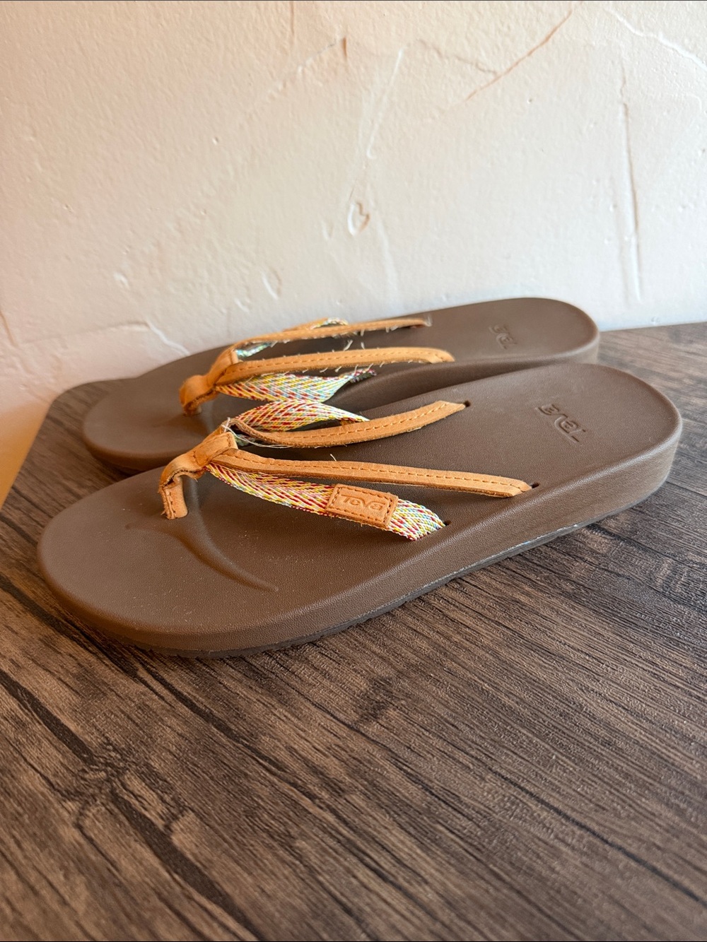 Teva Women's Brown Sandals with Tan Straps and Multicolor Woven Detail